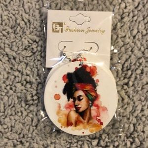 Round Wooden Dangle Earrings - Female w/Head Wrap